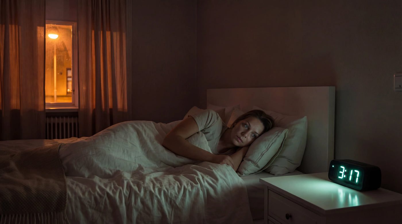 Woman lying awake at 3:17am, bedroom filled with faint light from alarm clock, streetlight, and hallway